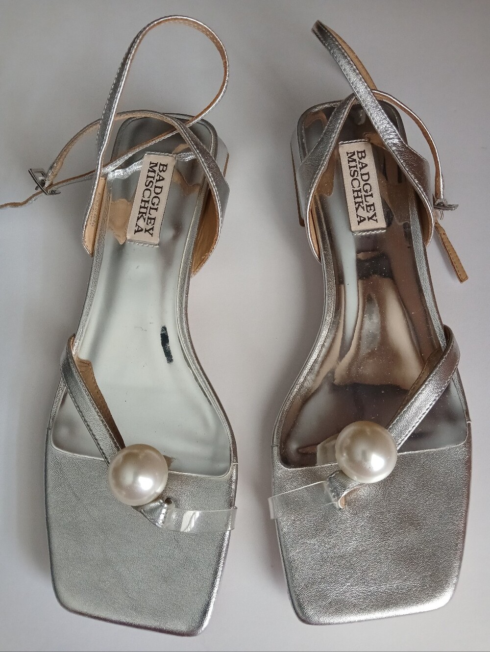 Badgley Mischka Lola Metallic Ankle Strap Sandals with Pearl Accent